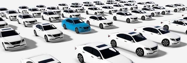 A blue car is driving in a crowd of white cars.